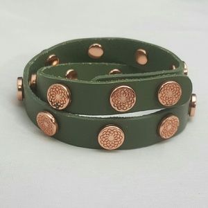 Sheng Tong Olive Green Leather Wrap Bracelet with